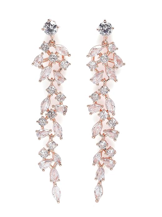 Karatcart Rose Gold Plated Floral Design Pink American Diamond Stone Dangler Earrings for Women
