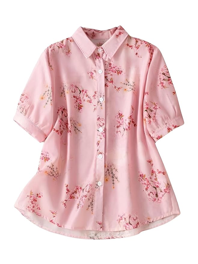 Gufrina Women's Pink Floral Printed Button Down Western Shirt with Collared Neck and Half Sleeves in Relaxed Fit Style