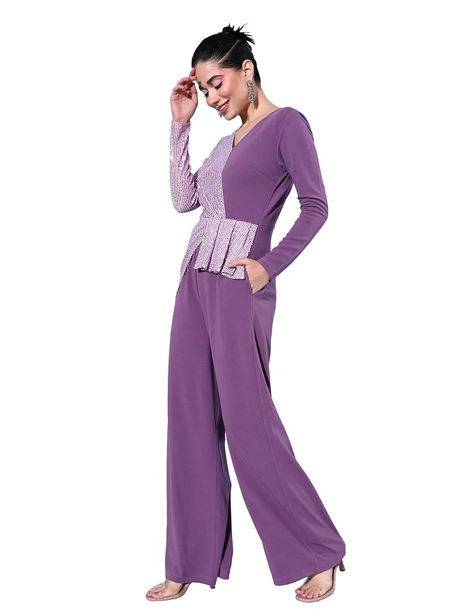 Miss Chase Women's V-Neck Full Sleeve Embellished Asymmetric Regular Length Polyester Jumpsuit with Pockets