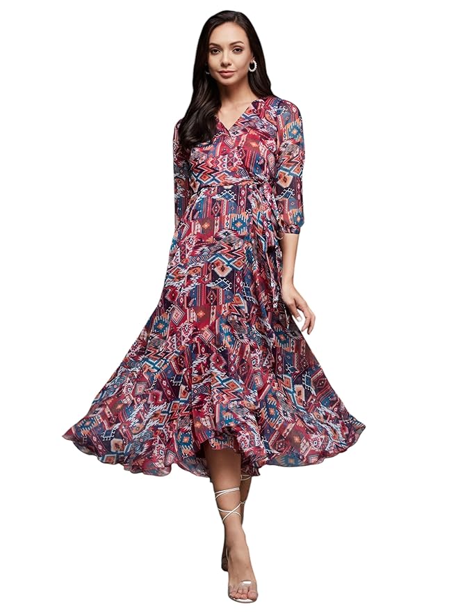 Miss Chase Women's Multicolored-Base-Brown Relaxed Fit Maxi Lurex Chiffon Dress