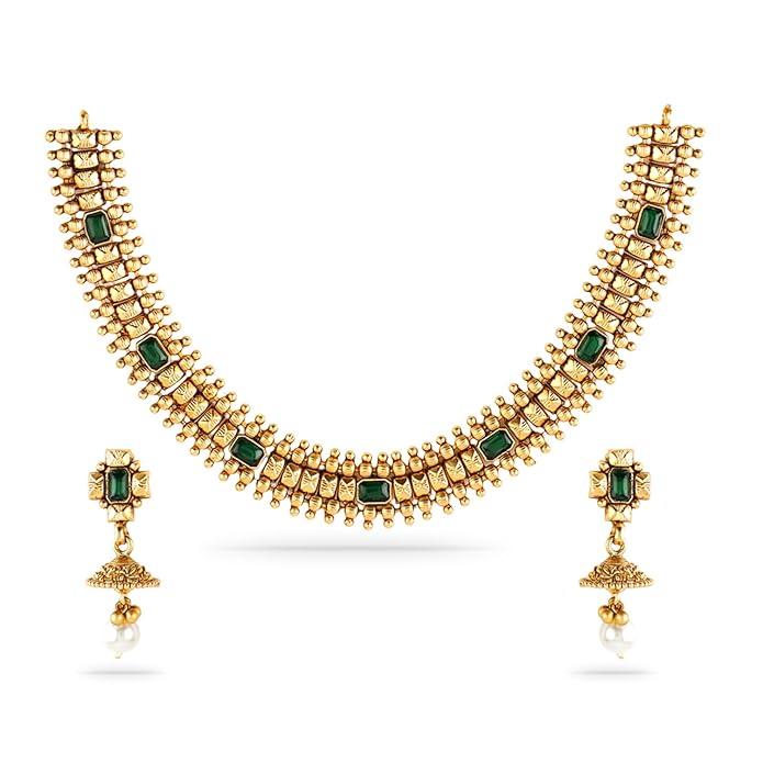 Rubans 22K Gold-Plated Handcrafted Stone Studded Necklace Set with Gold Beads and Pearl Drops with Earrings For Women and Girls – Perfect for Weddings and Special Occasions