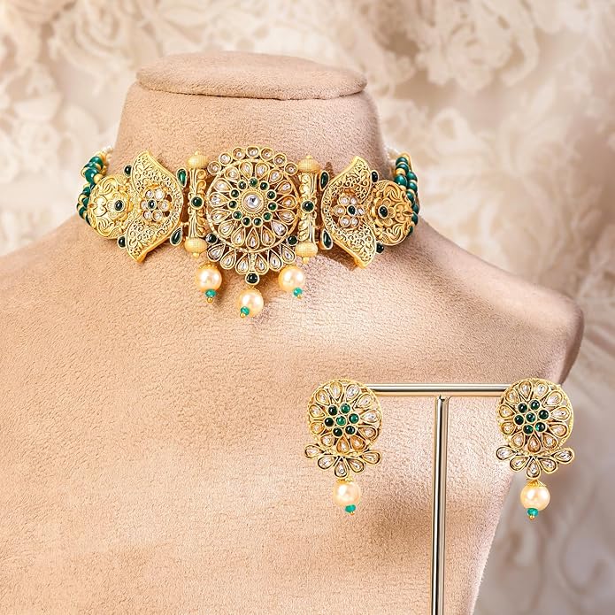 Rubans Gold Plated Choker Necklace Set Pearl Ethnic Jewellery Gift for Women & Girls