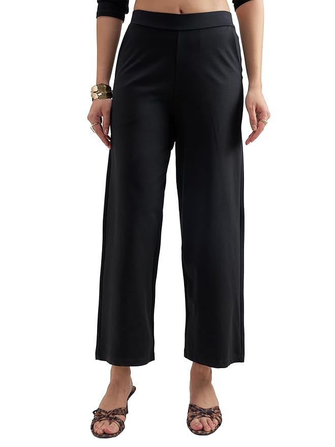 Tokyo Talkies Women's Wide Leg Straight Trousers with Slant Pockets and Back Pocket