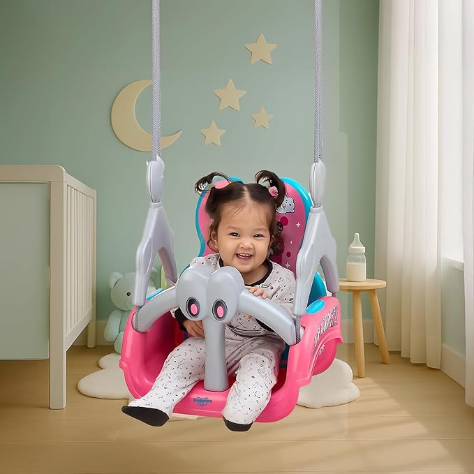 Amazon Brand - Supples Baby Swing for Kids | Non-Toxic Plastic | Indoor & Outdoor Use | Adjustable Design with Safety Belt | Age 3+ Years | Blue & Pink