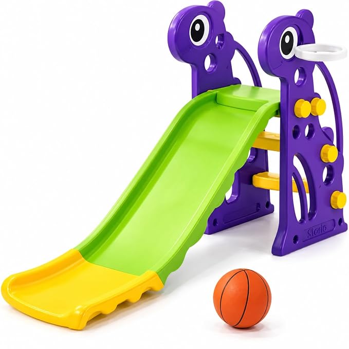 Storio Giraffe Slide for Kids with Basketball Hoop | Indoor Outdoor Toddler Climber Playset for 2+ Years | Safe & Sturdy Plastic Garden Slide Toy for Boys & Girls – Green Purple Yellow