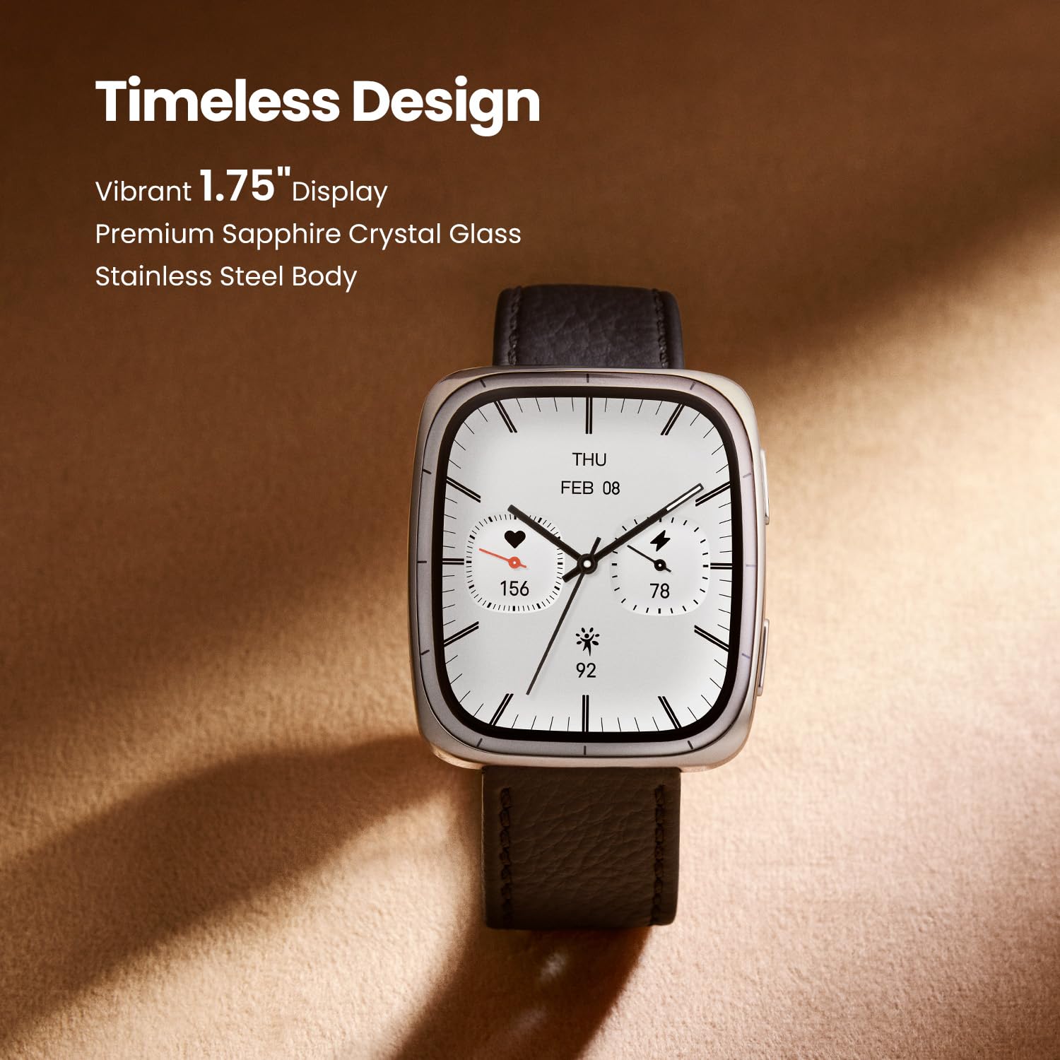 Amazfit Active 2 Square (Smartchoice), 2000 Nits Bright AMOLED Display, Built in GPS, 10Day Battery, Android & iPhone, Accurate Readings, BT Call, Sleep Monitor, 5ATM Water Resistant, Black Leather