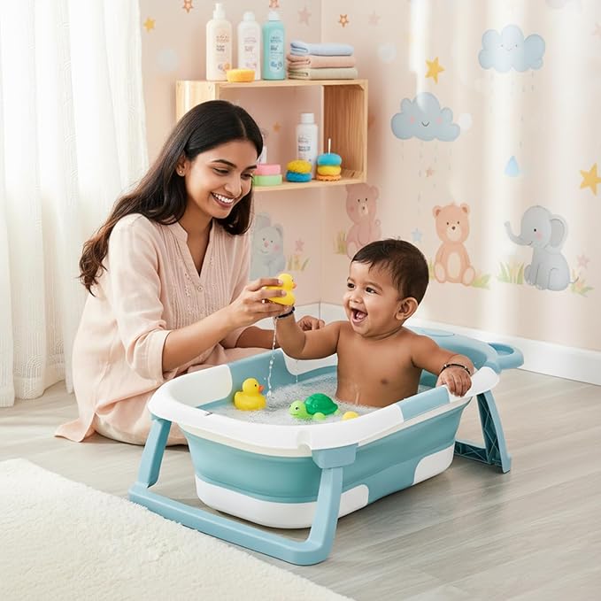 Amazon Brand - Supples Baby Bath Tub for 0-3 Years | Double Foldable Bathtub for Baby & Kids with Soap Tray, Space Saving Design (White & Teal Blue)