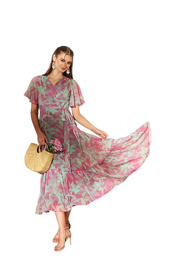 Miss Chase Women’s Floral V-Neck Flutter Sleeve Wrap Chiffon Maxi Dress