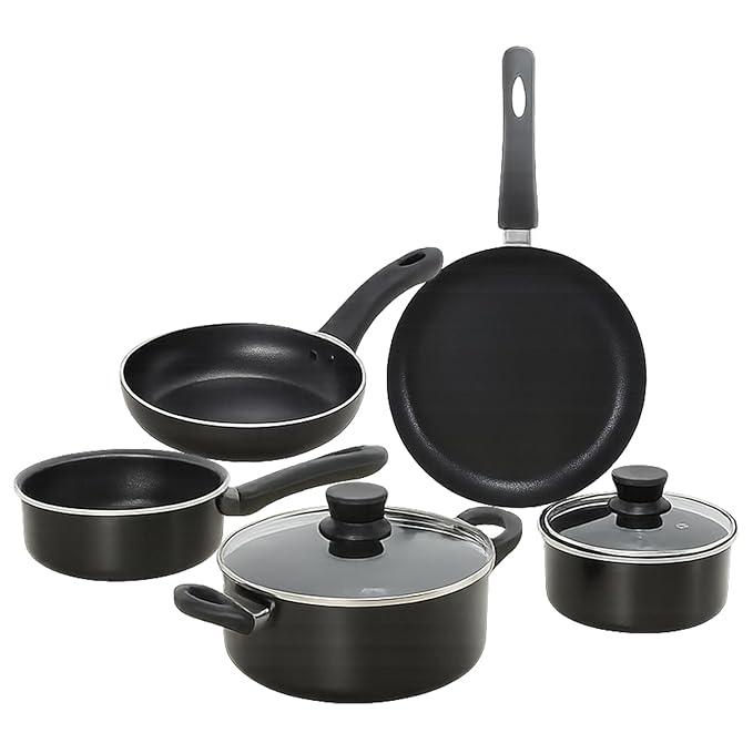 Amazon Brand - Solimo Non-Stick 5-Piece Cookware Set | Induction & Gas Compatible | Aluminium Construction | Includes Saucepans, Frypans & Casserole with Glass Lids