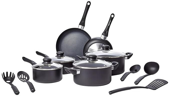 amazon basics Aluminum Non-Stick 15 Piece Cookware Set | 2-Way 3 Layer Non-Stick Coating | PFOA Free | High Temperature Resistant Exterior Coating, Black