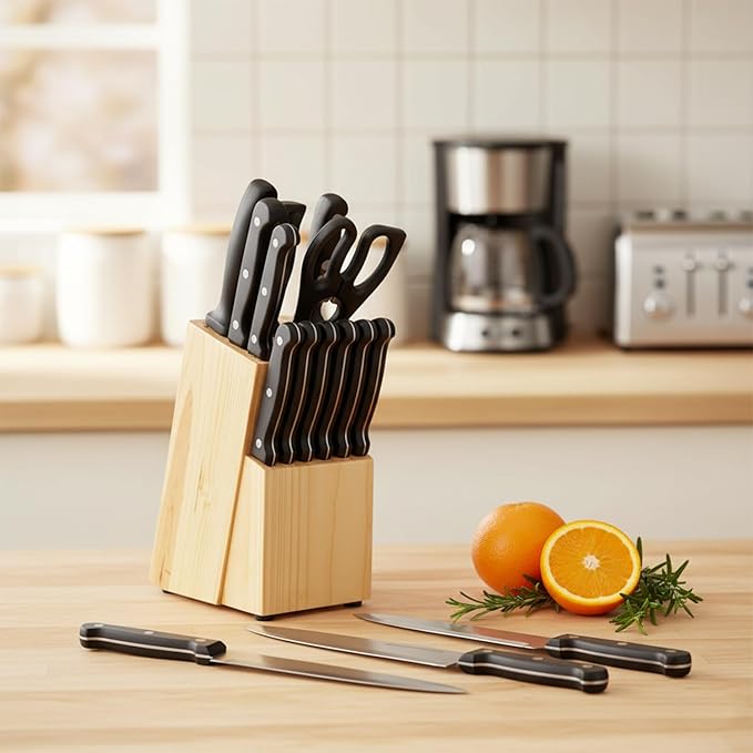 amazon basics Stainless Steel Knife Set with High-carbon Blades and Pine Wood Block, 14 Pieces