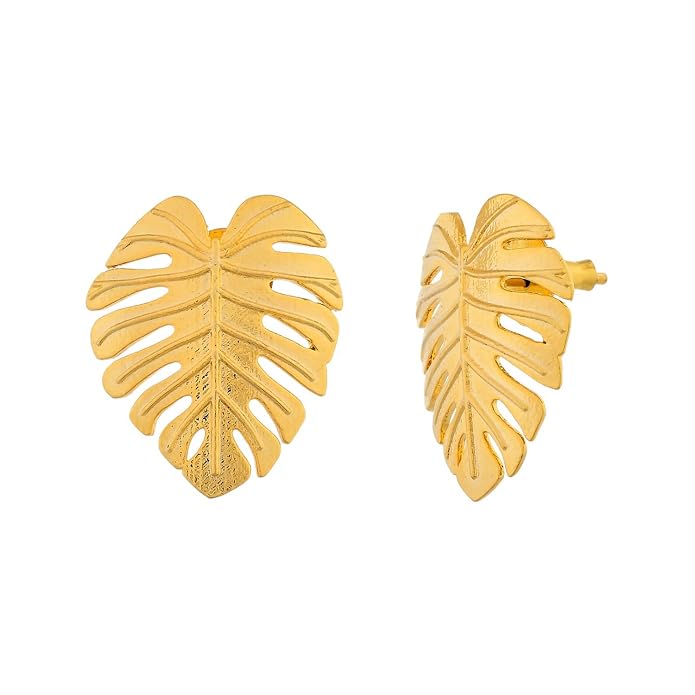 Voylla Hawaii Monstera Statement Stud Earrings For Women Anti Tarnish Boho Tropical Vacation Travel Beach Style Designer Earrings Gift For Women