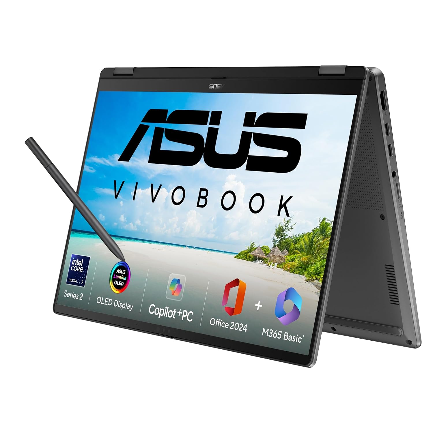 ASUS Vivobook 14 Flip, Intel Core Ultra 7 (Series 2), Intel Arc iGPU,47TOPS,16GB,512GB,FHD+, OLED Touch screen,14", Windows 11,M365 Basic (1Yr)*,Office24,Gray,1.57 kg, TP3407SA-QL025WS, Copilot+ AI PC