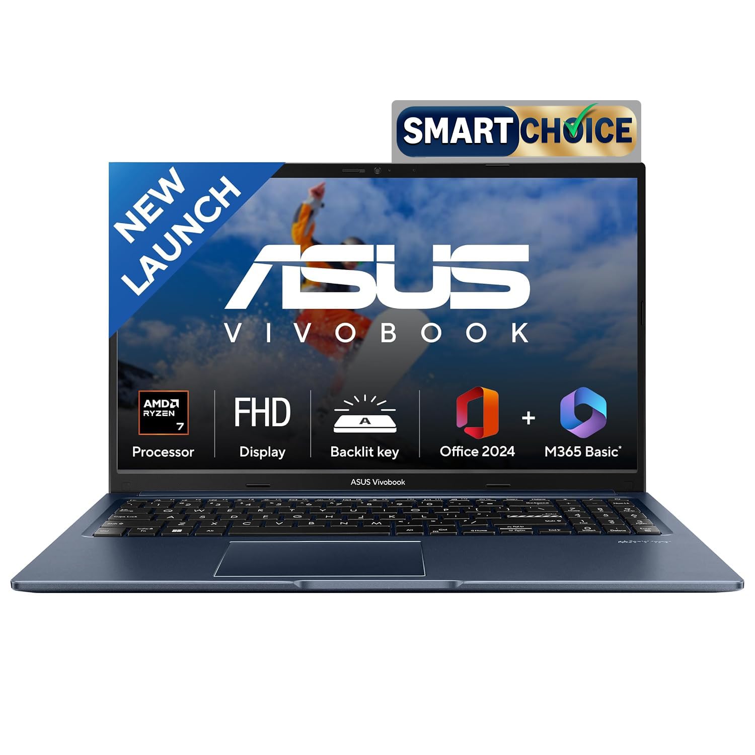 ASUS Vivobook 15, Smartchoice, AMD Ryzen 7 5825U, 16GB RAM, 512GB SSD, FHD 15.6", Windows 11, Office Home 2024, Quiet Blue, 1.7Kg, M1502YA-BQ703WS, AMD Radeon iGPU, M365 Basic (1Year)*, 42Whr Laptop