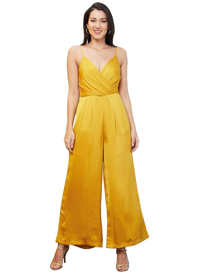 Globus Women Yellow Solid Wrap V-Neck Jumpsuit-3640450001