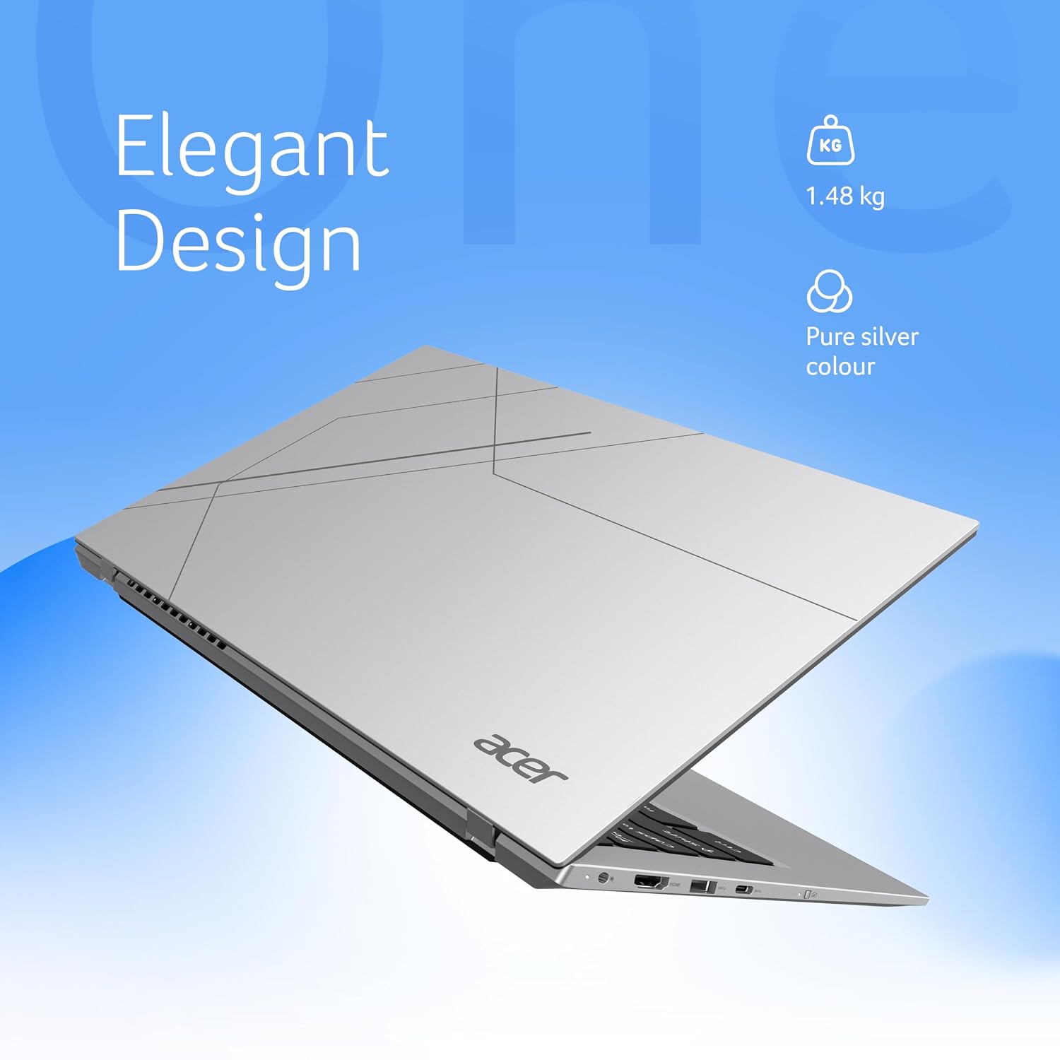 Acer Smartchoice Aspire One, AMD Ryzen 5-40, 8GB LPDDR5 RAM/ 512GB SSD, 14.0"/35.56cm WXGA Display, Win 11 Home, Pure Silver, 1.48KG, A114-43, Thin and Light Laptop