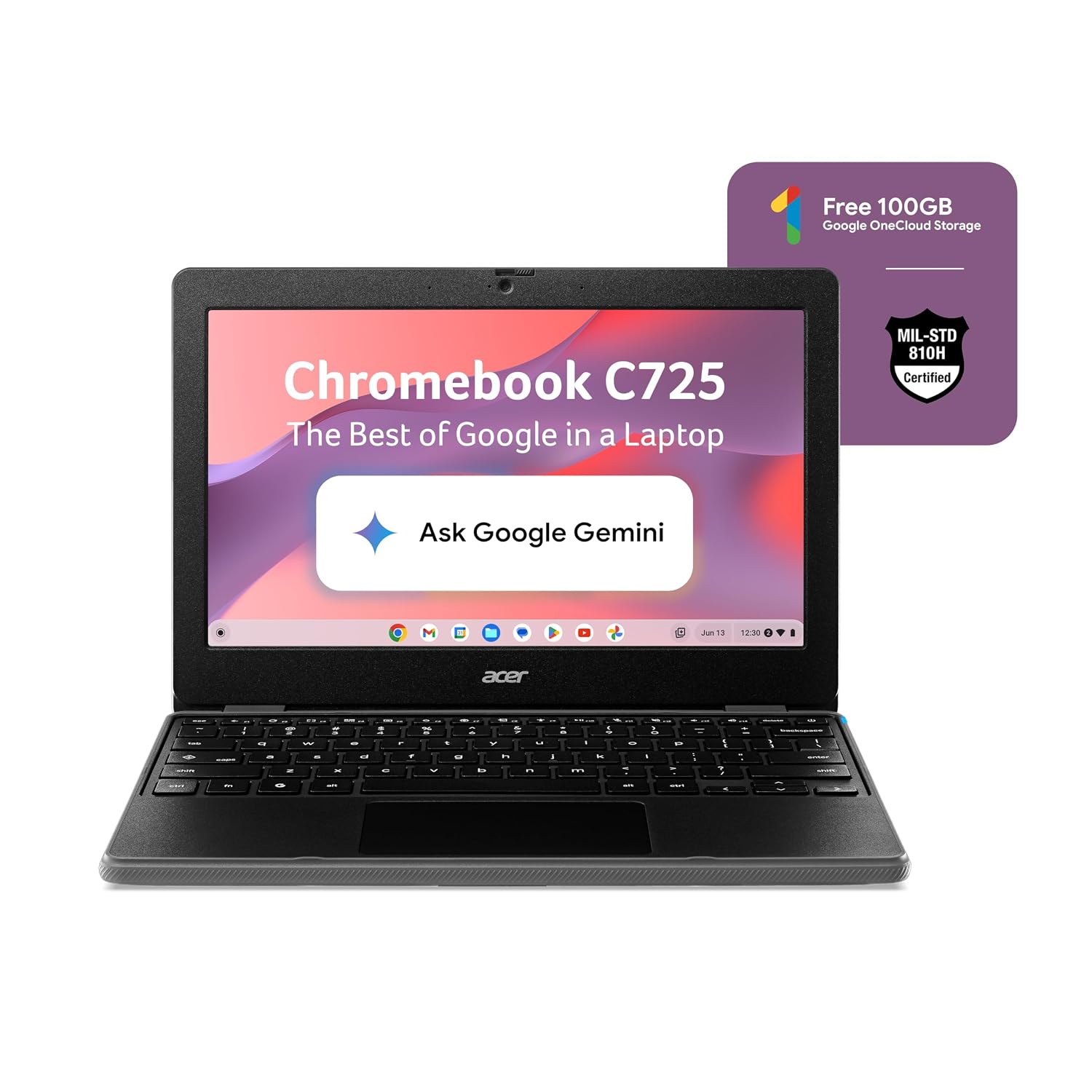 Acer Chromebook, MediaTek Kompanio 540 Octa-Core Processor, 4GB RAM, 64GB eMMC, Full HD, 11.6" inch Display, Chrome OS, Black, 1.2 KG, C725, Arm Mali G57 Graphics, WiFi 6E Laptop