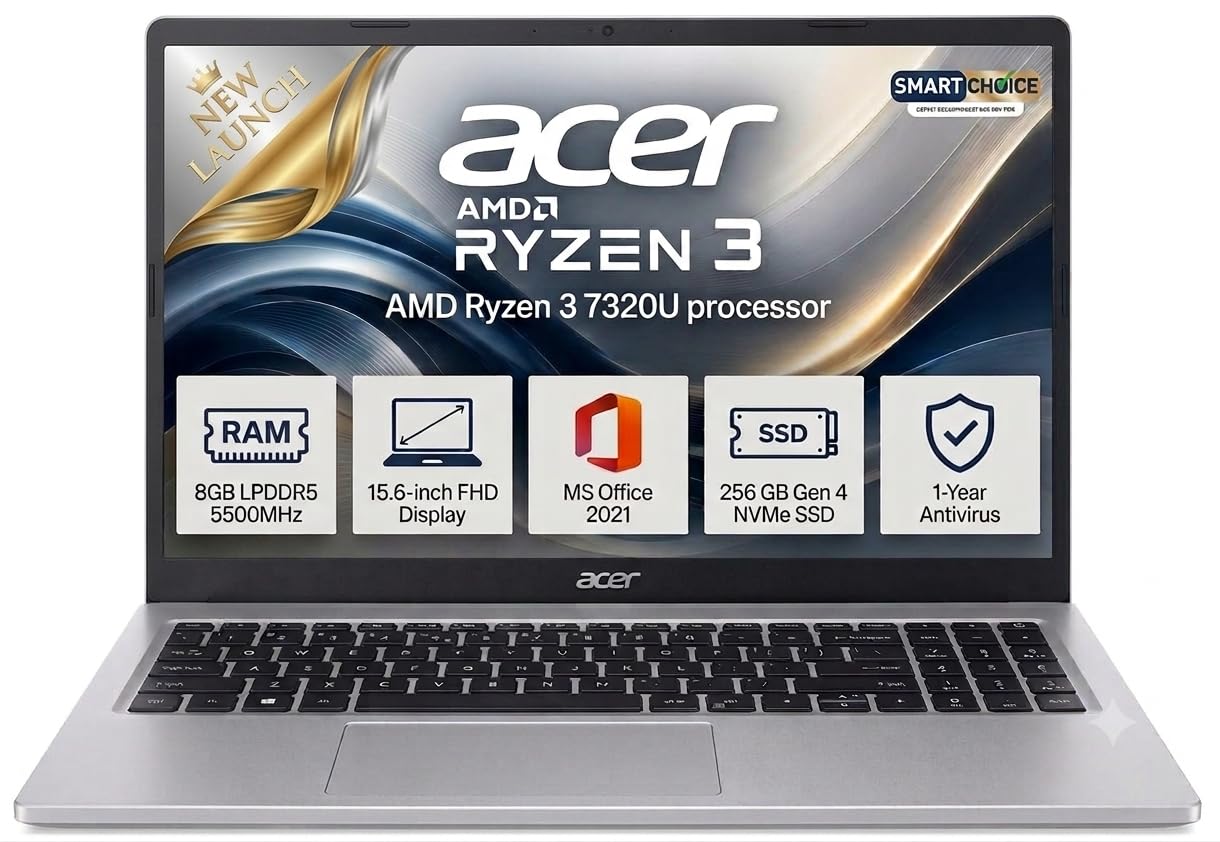 Acer One Pro Smartchoice, AMD Ryzen 3-7320U, 15.6" Full HD Display, | 8GB DDR5 RAM, 256GB SSD, Windows 11Home, Ms office 21, Antivrus, 1.59KG, Professional Thin and Light Laptop