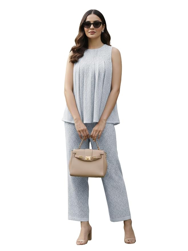 GRECIILOOKS Co-Ord Set for Women stylish | Jumpsuit For Women's Stylish | Dress | Travel | Sheer Cotton Textured Sleeveless Top And Straight Pants