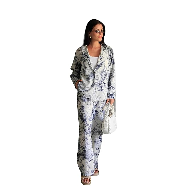 Gufrina Women's Rayon Co-Ord Set with Button-Up Top & Wide Leg Pant 3/4th Sleeves Collar Neck Printed Pattern Regular Fit and Standard Length