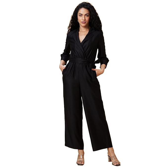 Globus Women Nude Solid Wrap Neck Notched Collar Waist Tie Up Satin Party Jumpsuit-3640118001