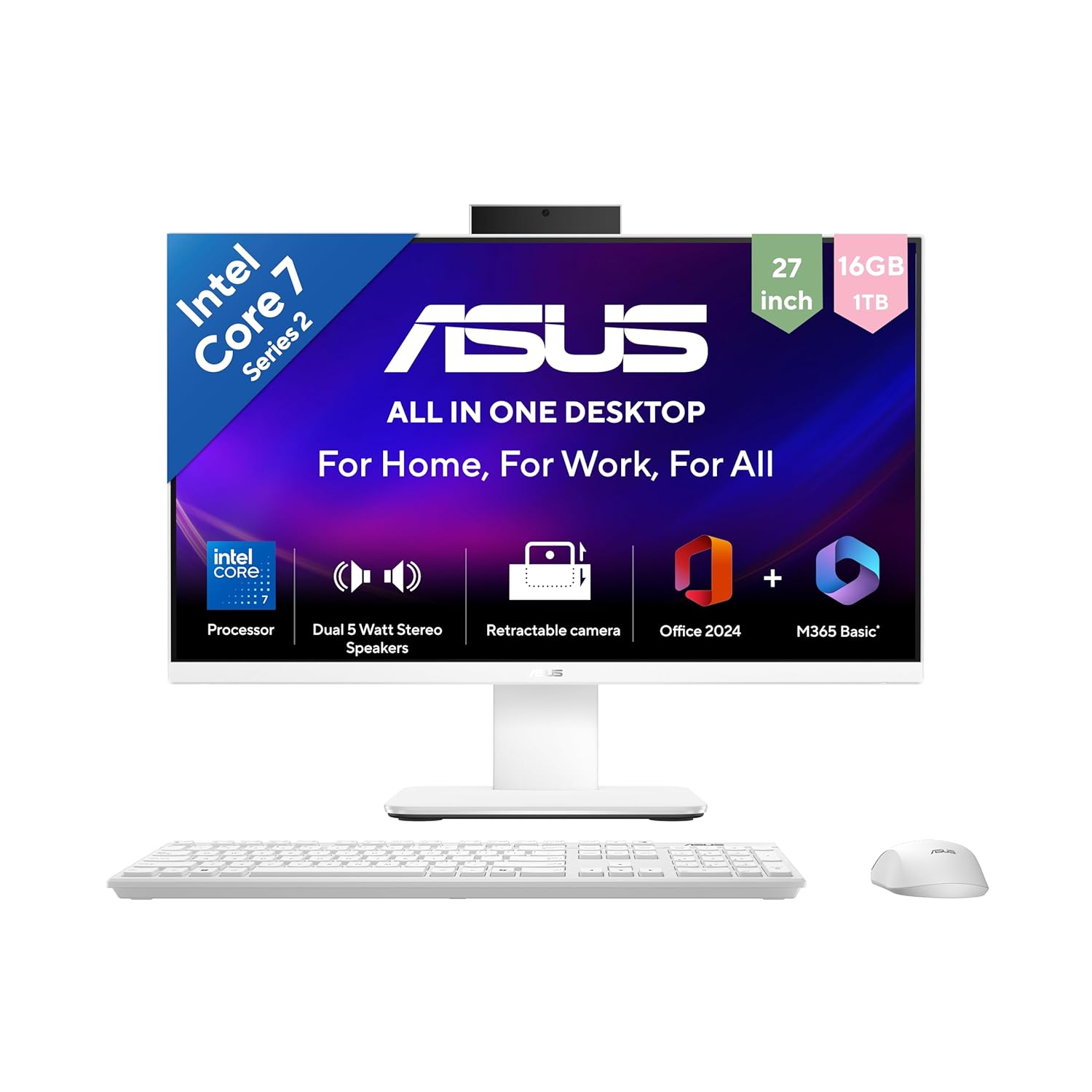 ASUS V470 (2026),Intel Core 7 240H (i7-14th Gen),Intel iGPU,16GB/1TB,FHD,27"(68.58 cm),Windows 11,M365 Basic(1Y),Office 24,White,7.07 Kg,V470VA-KWC7001WS,with Wireless Keyboard & Mouse,All in One PC