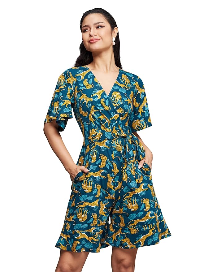 Miss Chase Women's V-Neck Half Sleeve Tropical Wrap-Styled Regular-Length Georgette Jumpsuit