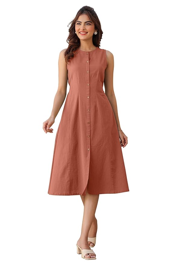 Janasya Women's Rust Linen Cotton Solid A-line Dress
