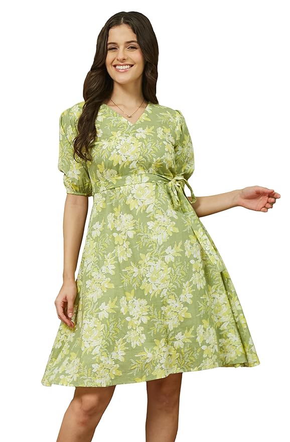 Janasya Women's Light Green Pure Cotton Floral Printed A-line Dress