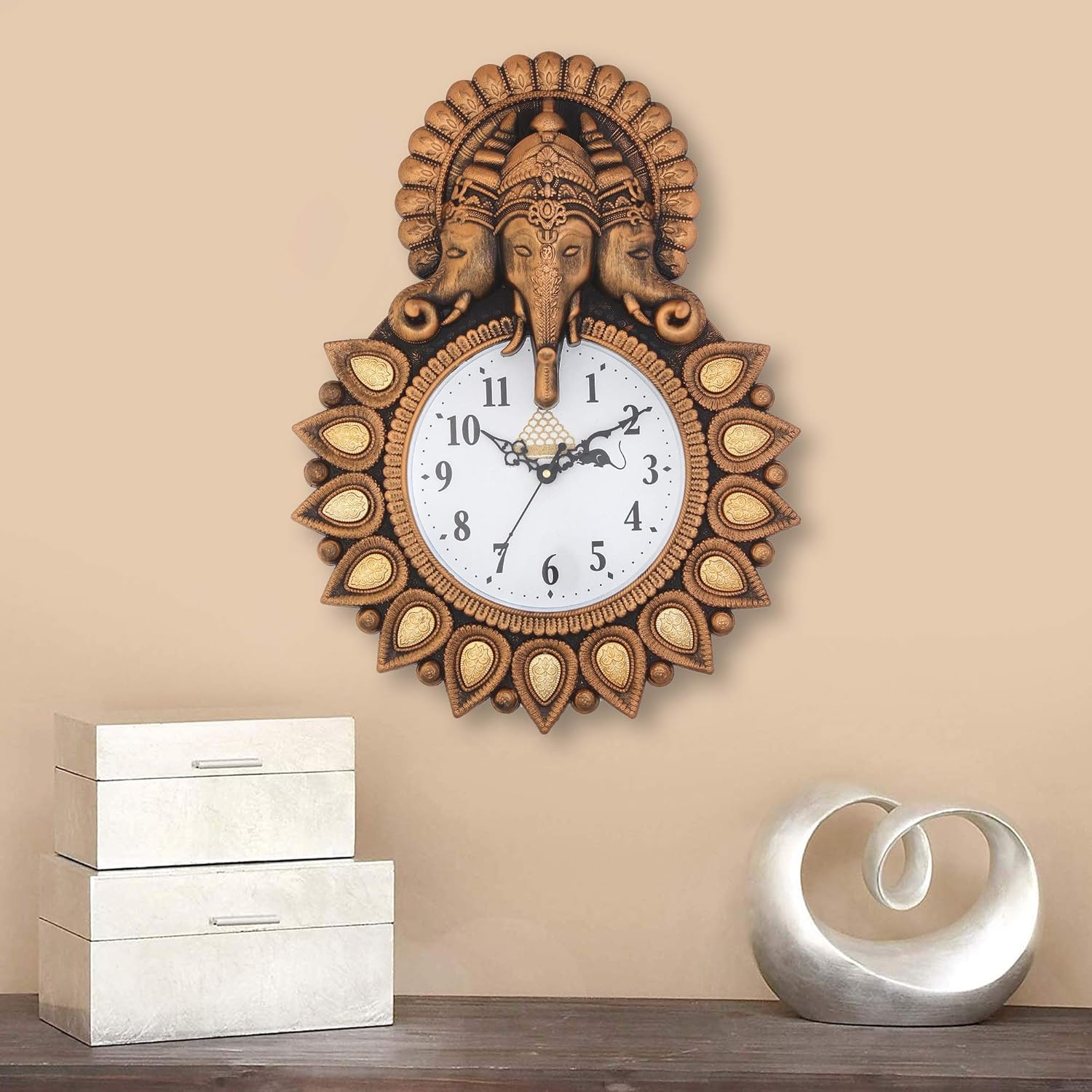 Webelkart Premium Plastic Designer Stones Ganesha Wall Clock for Home and Office Decor| Wall Clock for Living Room|(Copper, 13.38" Inch) - Analog