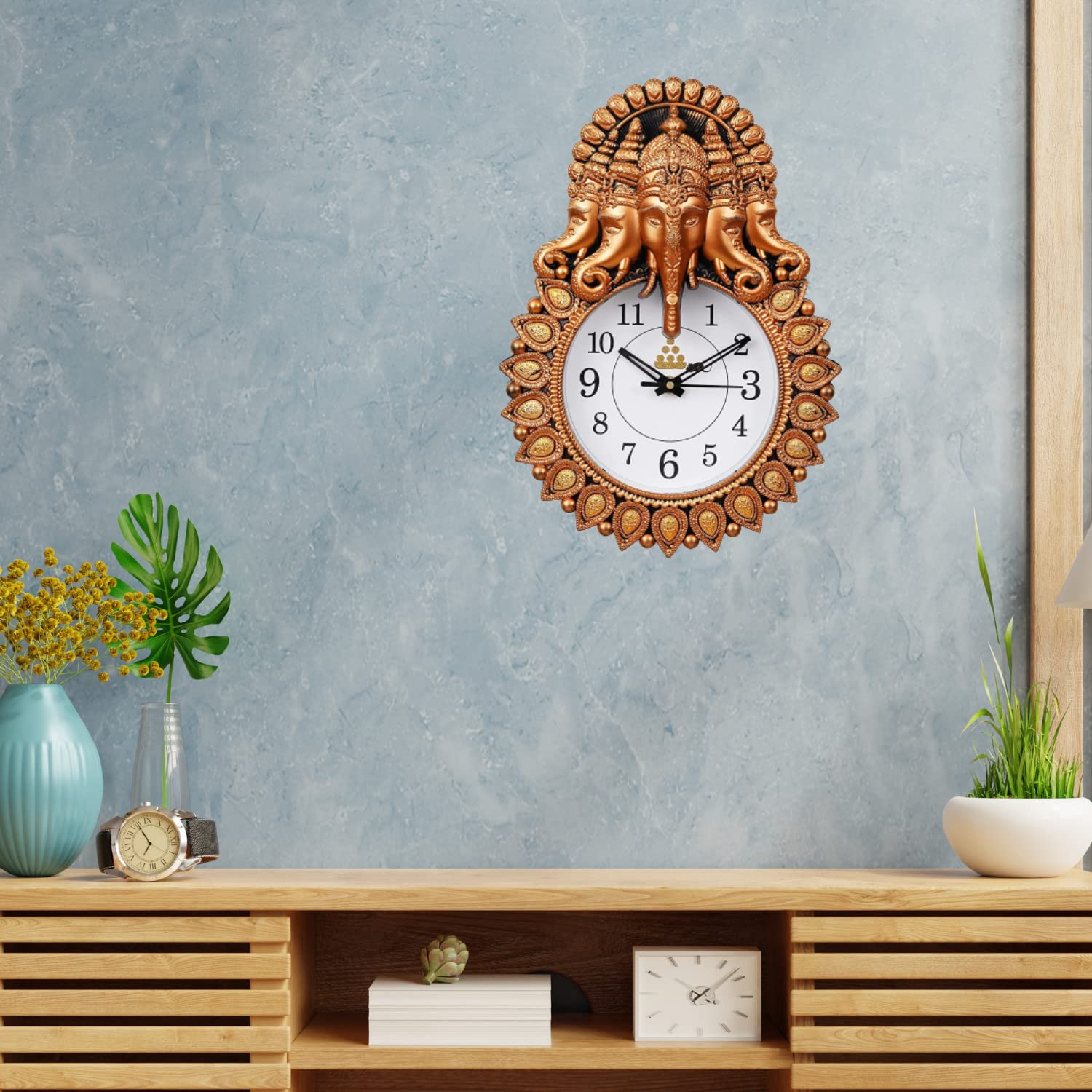 Webelkart Designer Stones Ganesha Plastic Wall Clock for Home/Living Room/Bedroom/Kitchen| Wall Clock for Office (Copper)