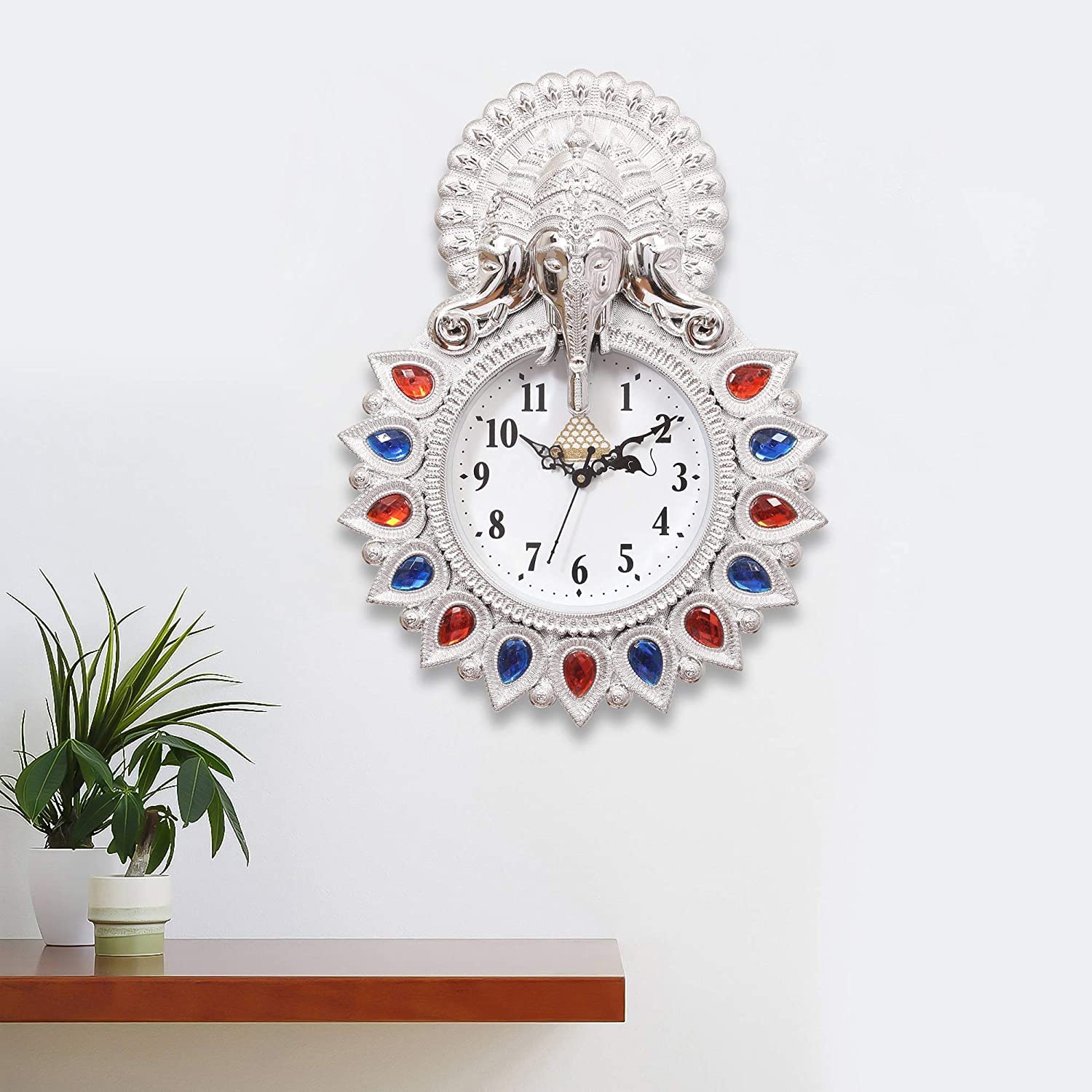 Webelkart Premium Plastic Designer Stones Ganesha Wall Clock for Home and Office Decor - Living Room, Bedroom (Silver)