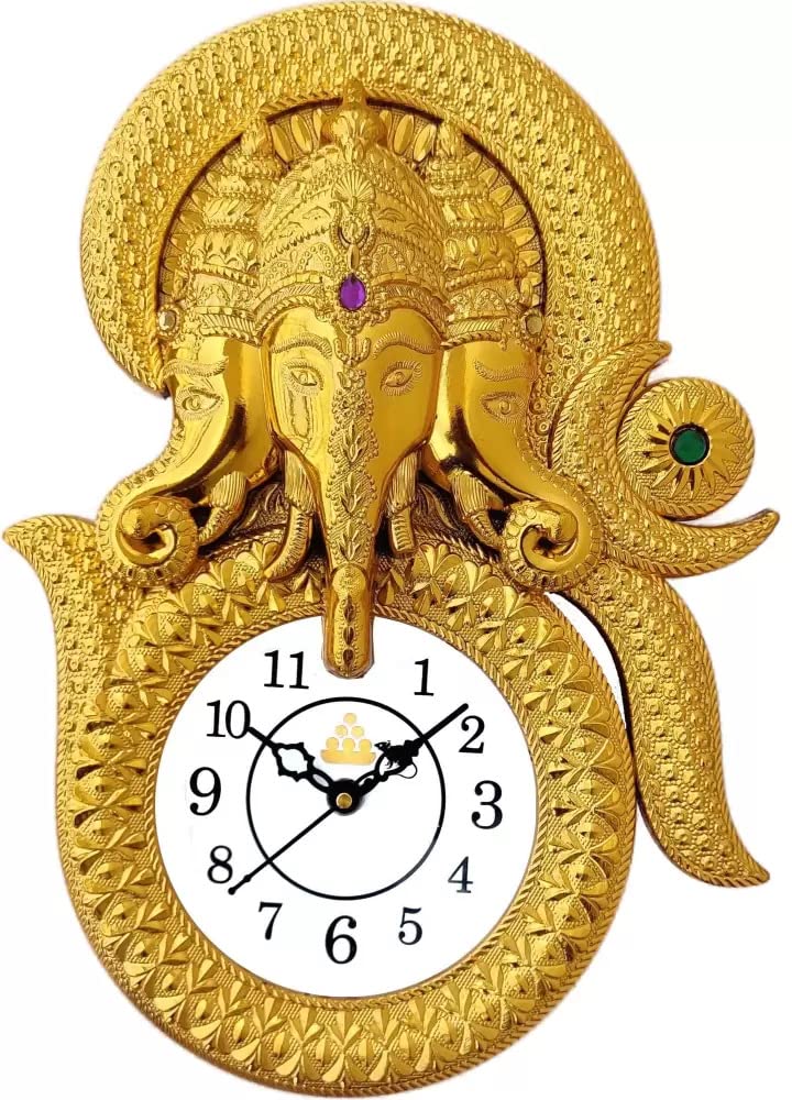 Webelkart Designer Stones Ganesha Inside Om Plastic Wall Clock for Home/Living Room/Bedroom/Kitchen| Wall Clock for Office (Ganesha Inside Om)- Gold