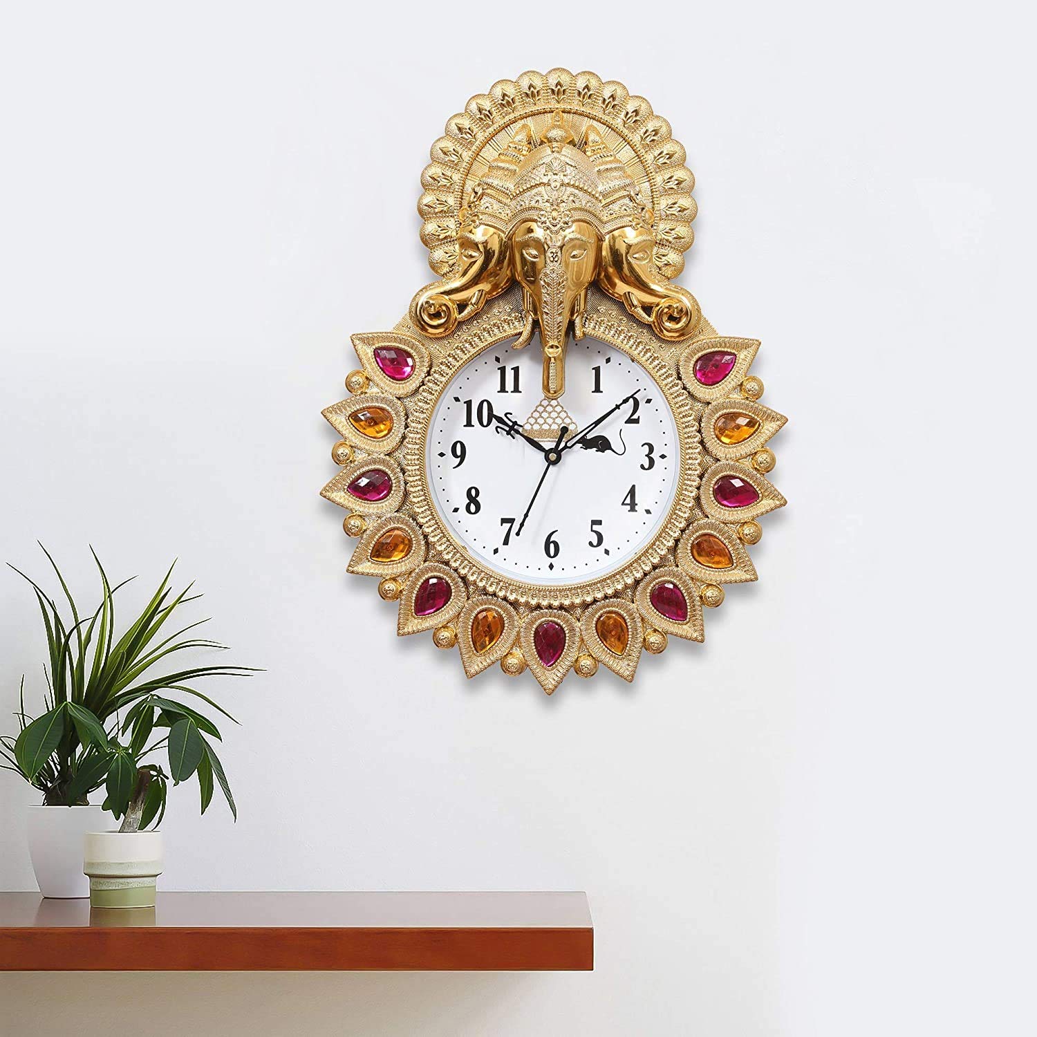 Webelkart Plastic Designer Stones Lord Ganesha Wall Clock for Home/Living Room/Bedroom/Kitchen (Gold, 13 Inch)