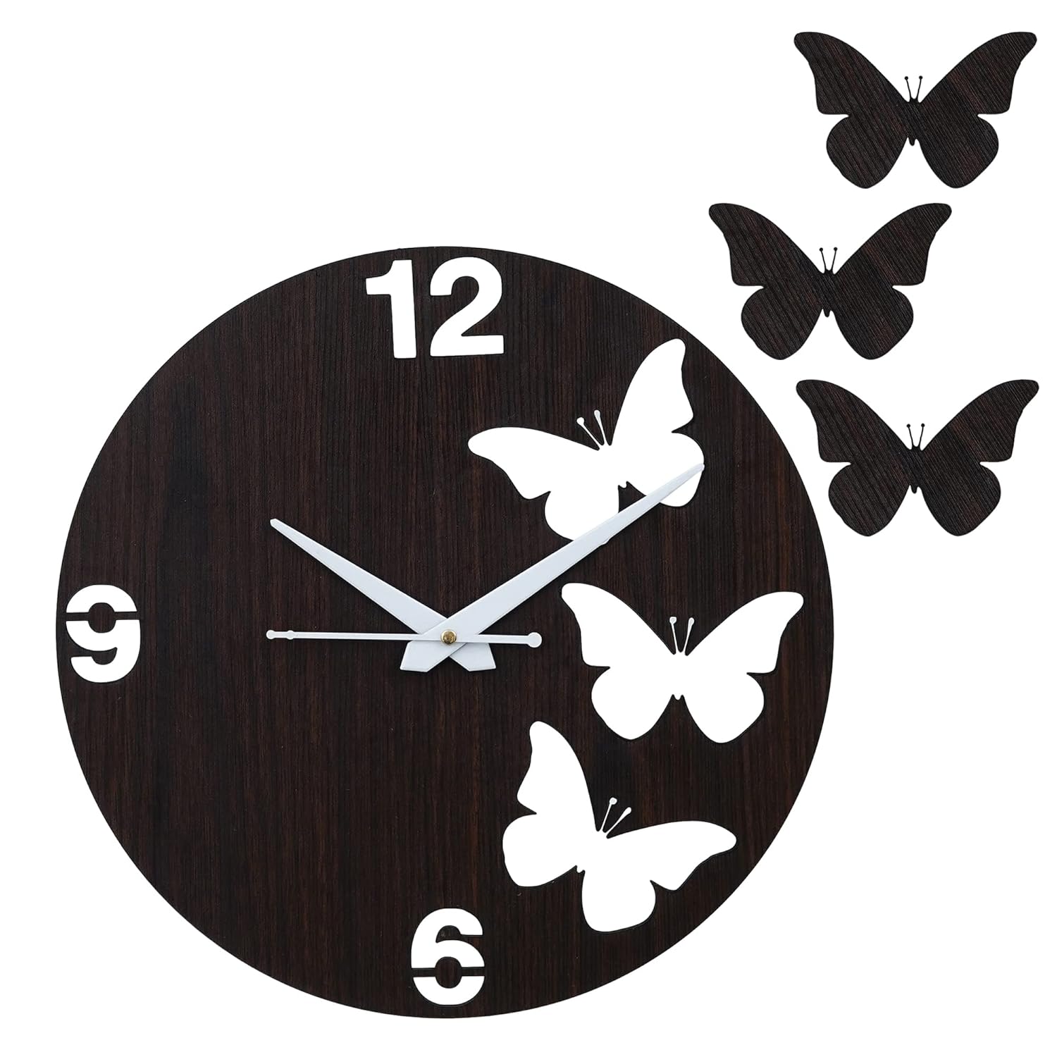 Webelkart Premium Butterfly Wooden Wall Clock for Home and Office Decor| Three Outer Butterflies Wall Clock for Bedroom,Living Room| (12 Inches, Brown)