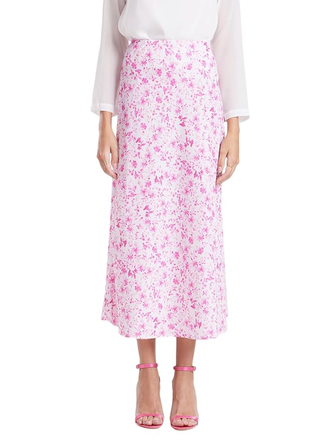 FableStreet Women Skirt | Elegant High-Rise A-Line Fit with Floral Print | Lustrous Satin Fabric Casual Outings