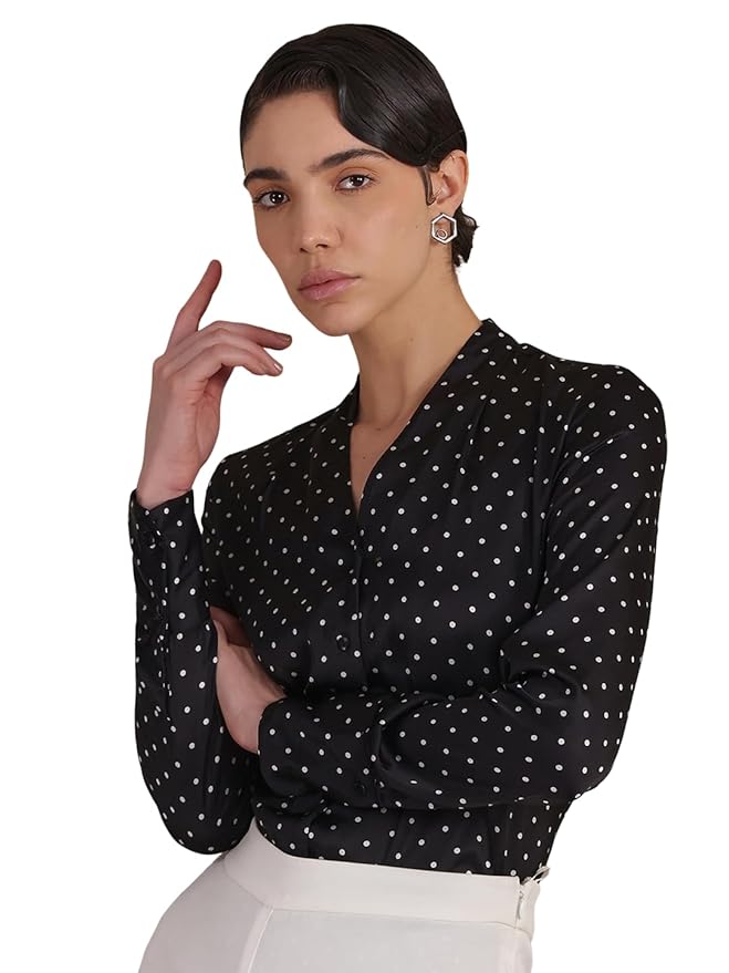 FableStreet Women Formal Shirt | Relaxed Fit V-Neck Polka Dot Pattern with Pleated Detailing | Satin Fabric for Business Casual