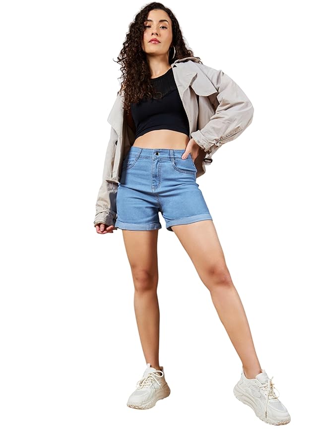 Miss Chase Women's Relaxed Mid Rise Regular Non Stretchable Denim Shorts