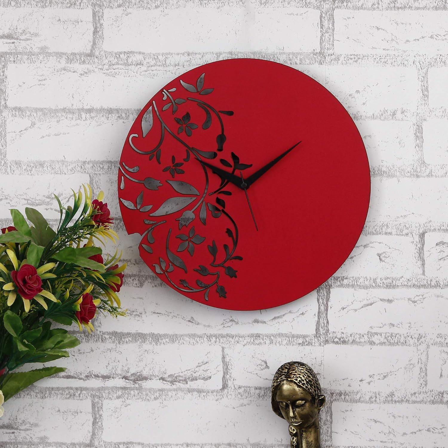 Webelkart Stylish Beautiful Wooden Round Wall Clock Without Glass (30 cm x 30 cm x 2.8 cm, Red)