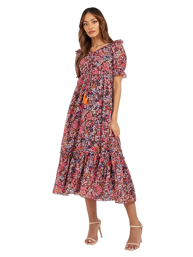 Miss Chase Women's Round Neck Cap Sleeves Lace Knee -Long Skater Dress