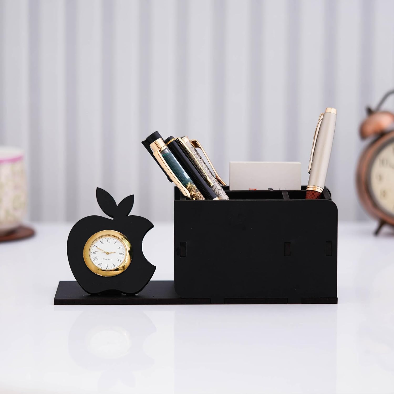 Webelkart Premium Wooden Pen Stand With Apple Shape Table Clock For Home And Office Decor |Office Desk Storage with Drawer File Organizer | Desktop Organizer (8"x3" Inches)