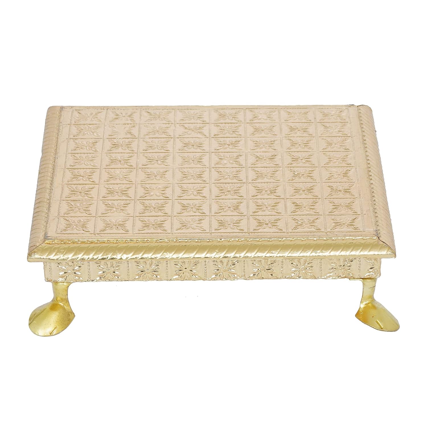 Webelkart Wooden Brass Fitted Golden Rajwadi Chowki/Patla -10.00"x 10.00"x 2.00" Inch