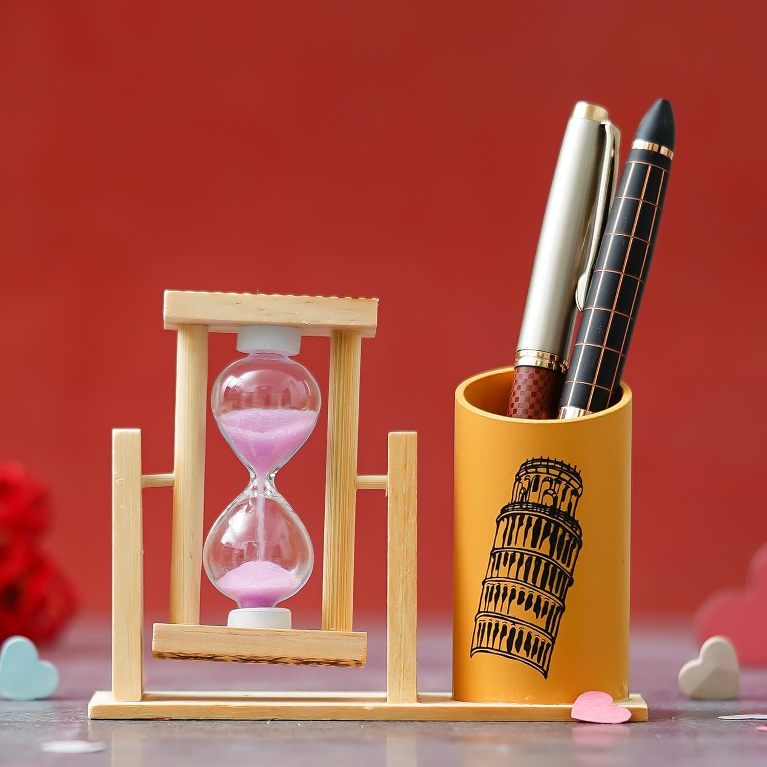 Webelkart Premium Wooden Hour Glass Timer Pen/Pencil Stand for Office/Home Decor |Office Desk Storage with Drawer File Organizer | Desktop Organizer (5" Inches)