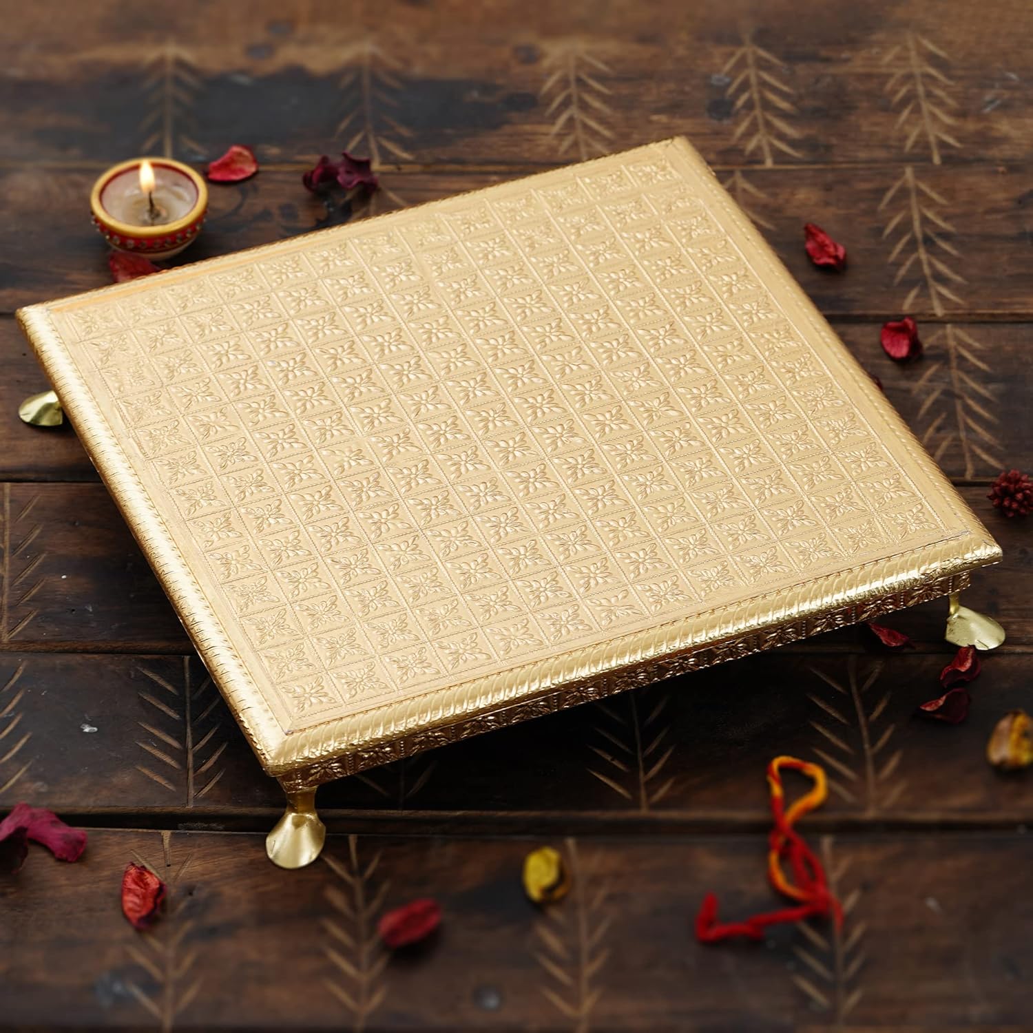 Webelkart Wooden Brass Fitted Golden Rajwadi Chowki/Patla -12.00"x 12.00"x 2.00" Inch