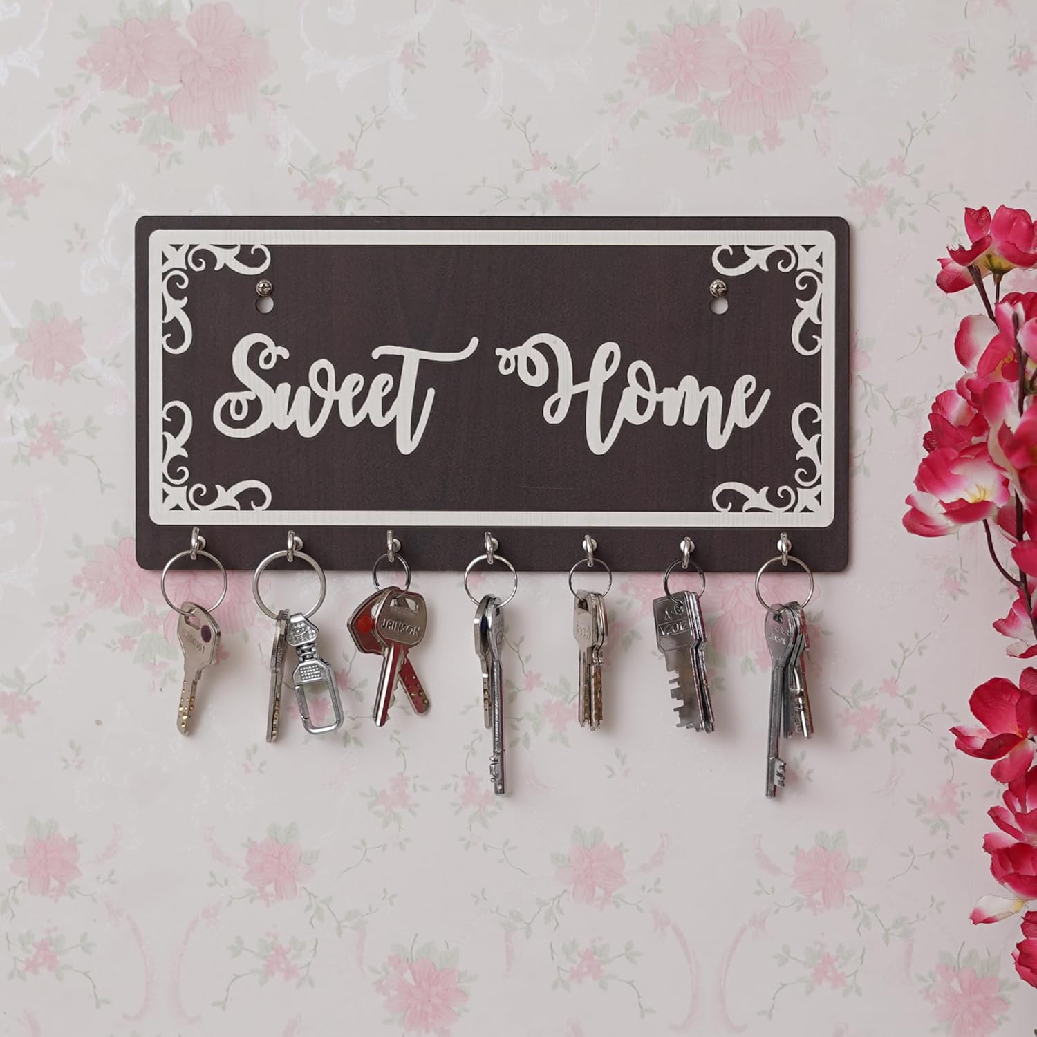 Webelkart Premium Sweet Home Keys Wooden Key Holder with 7 Hooks (29.5 cm x 14.5 cm x 0.4 cm) Decorative Items for Home Decor