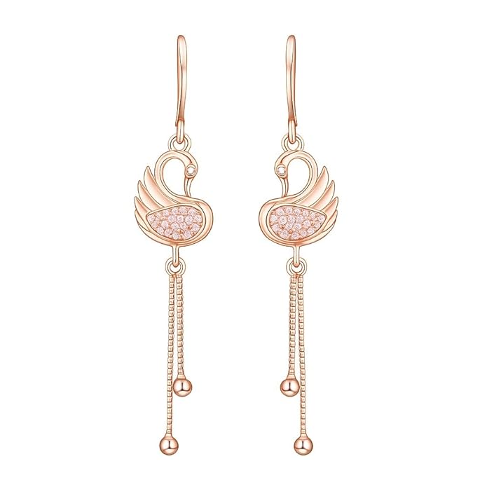 Nilu's Collection Rose Gold Long Earrings, American Diamond Studded Lightweight Drop Earrings for Women and Girls (Diamond Shape)