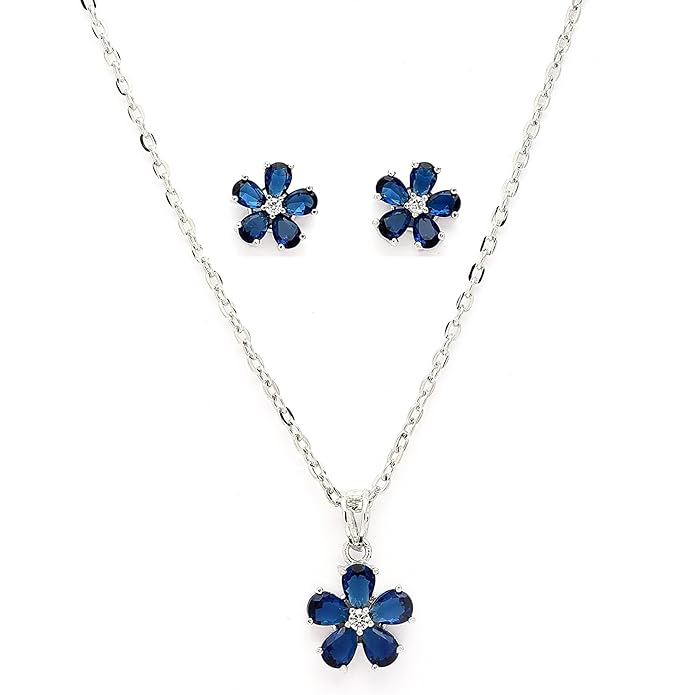 ZENEME Rhodium Plated Silver Toned American Diamond Studded Floral Shaped Pendant Chain With Earrings Jewellery Set For Women And Girls