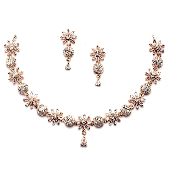 ZENEME Rhodium Plated Silver Toned White American Diamond Studded Necklace With Earring Jewellery Set For Women and Girl