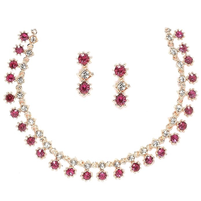 ZENEME Rose Gold-Plated Pink Stone Necklace Set with Earrings for Women & Girls Rosegold Toned Floral Jewellery Set For Womens