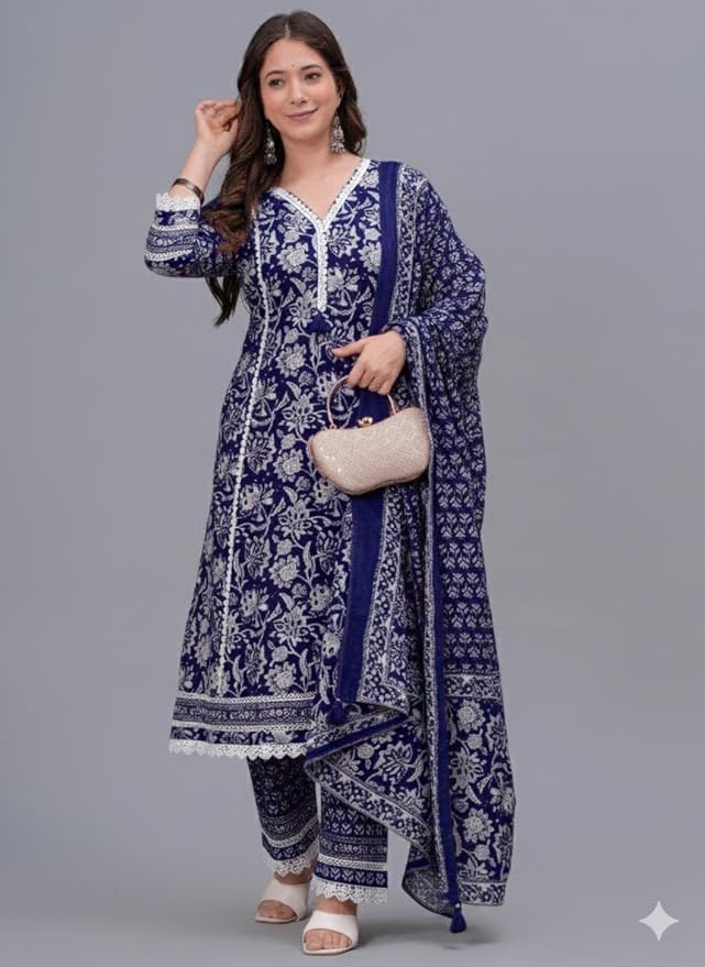 Amayra Women's Pure Cotton Printed Straight Kurta Set with Palazzo Pants & Dupatta- Ethnic Wear